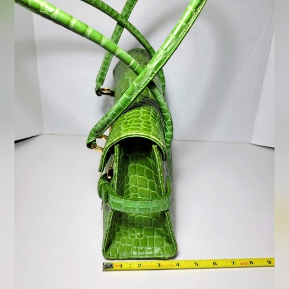 Genuine Leather Green Croc Embossed Handbag Shoulder Bag Satchel Vintage - Picture 12 of 16